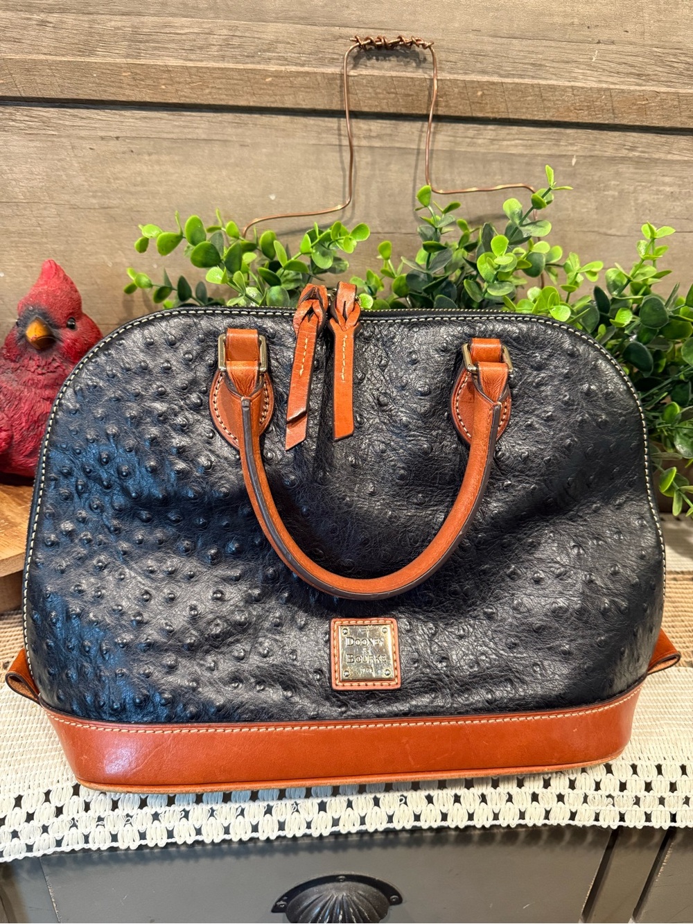 Dooney & Bourke Black Ostrich-Embossed Dome Satchel with Brown Trim